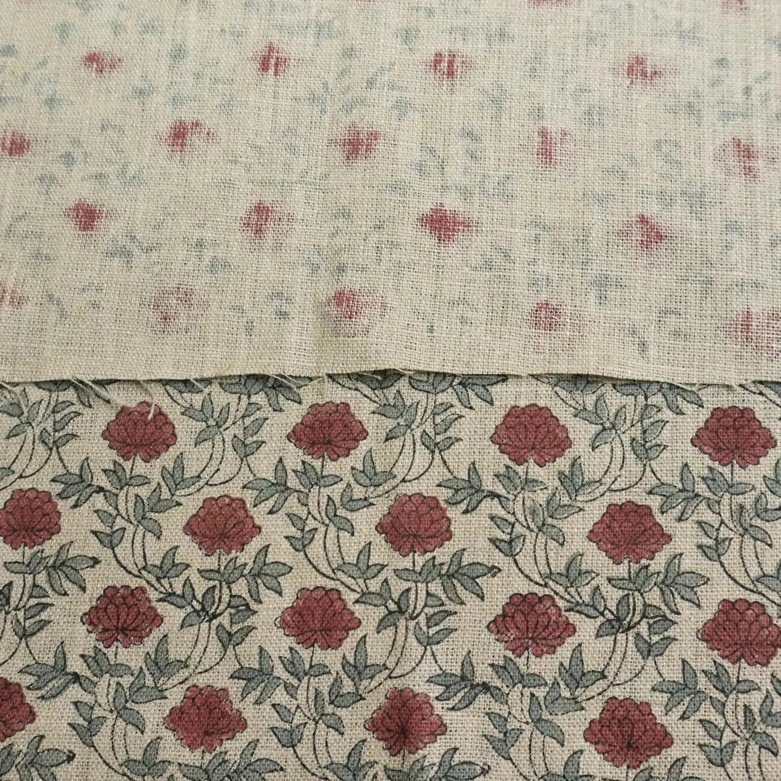 Handcrafted Dusty Red Floral Linen Fabric - Khubsurat