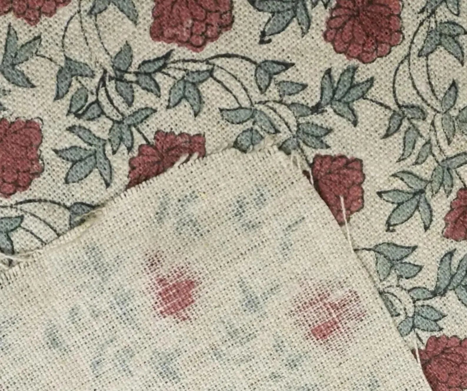 Handcrafted Dusty Red Floral Linen Fabric - Khubsurat