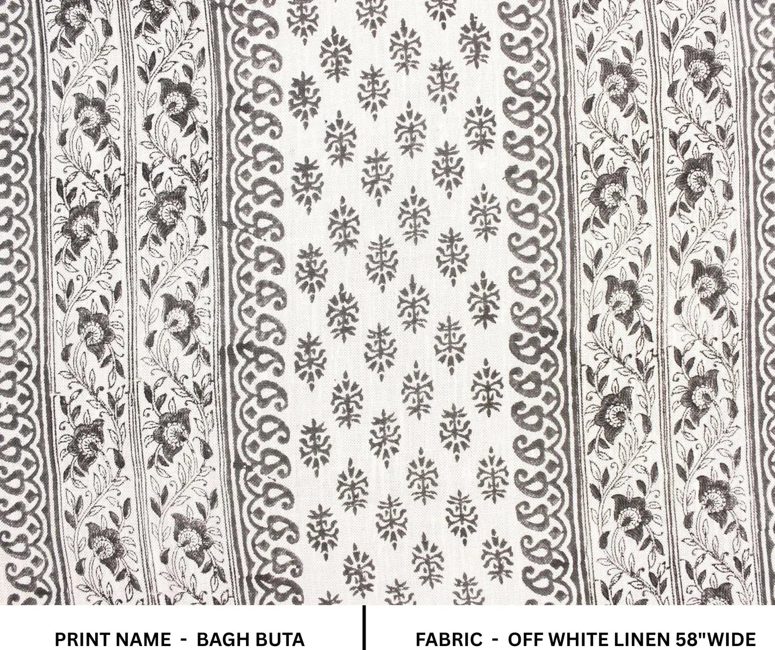 Indian Handcrafed Bagh Buta Block Print Off-White Linen Fabric