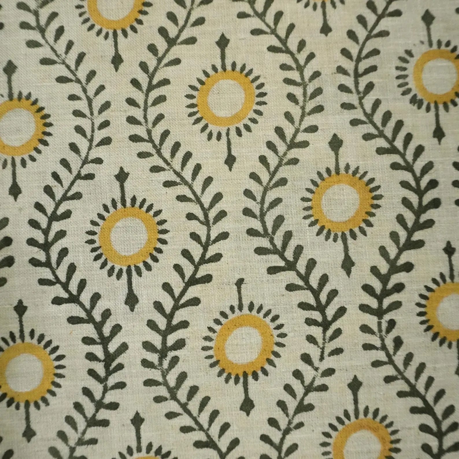 Lehar Block Print Linen Blend Mustard Yellow Floral Fabric