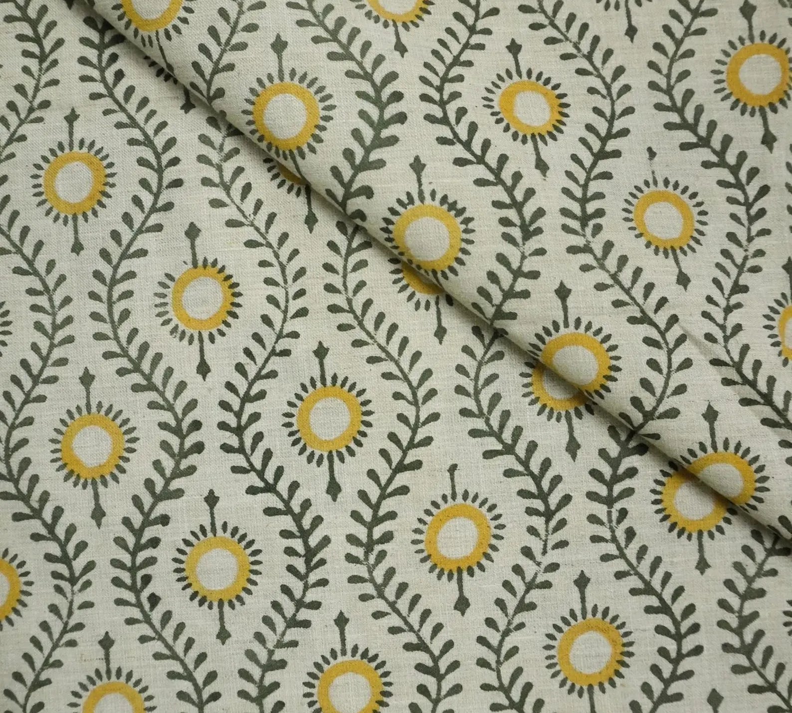 Lehar Block Print Linen Blend Mustard Yellow Floral Fabric
