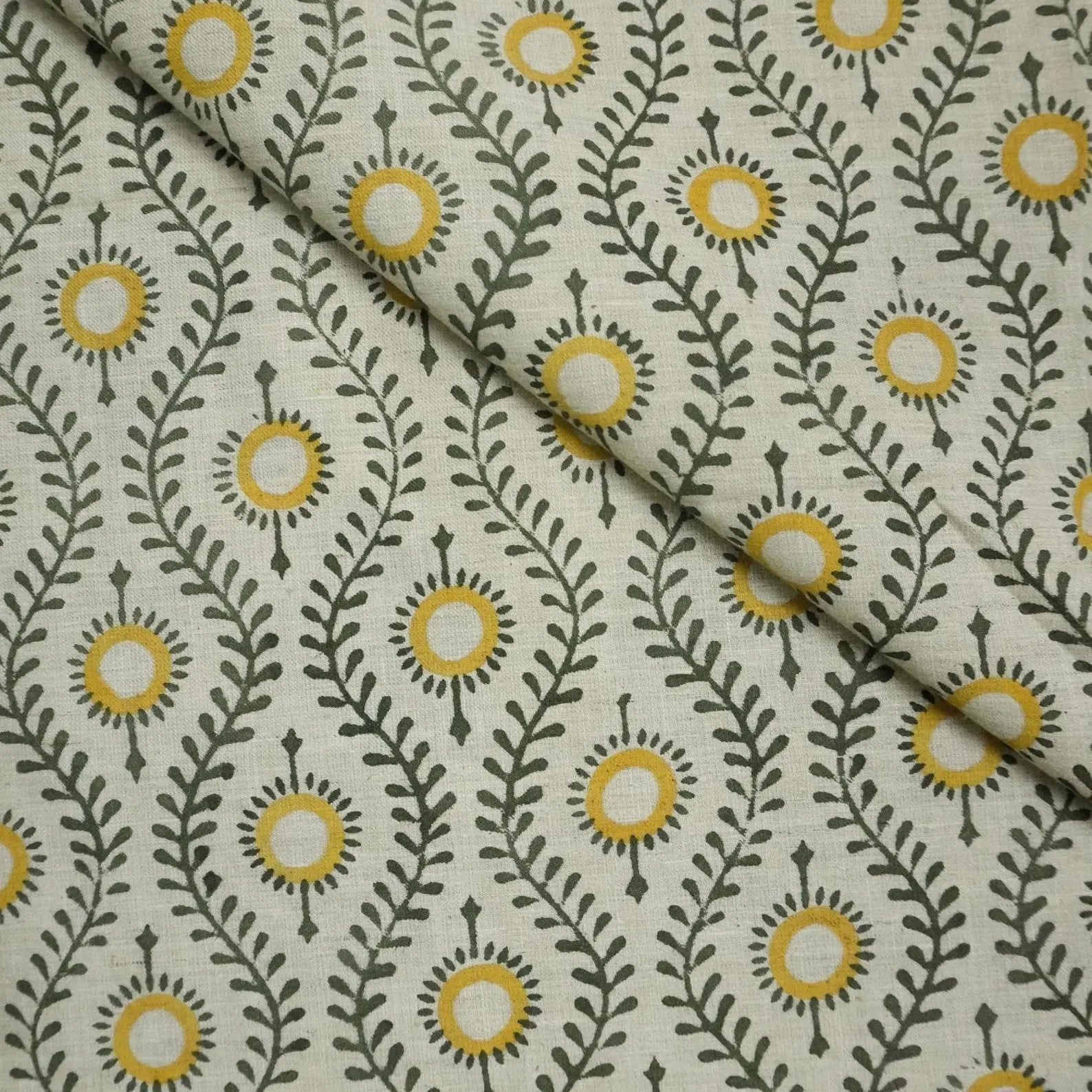 Lehar Block Print Linen Blend Mustard Yellow Floral Fabric