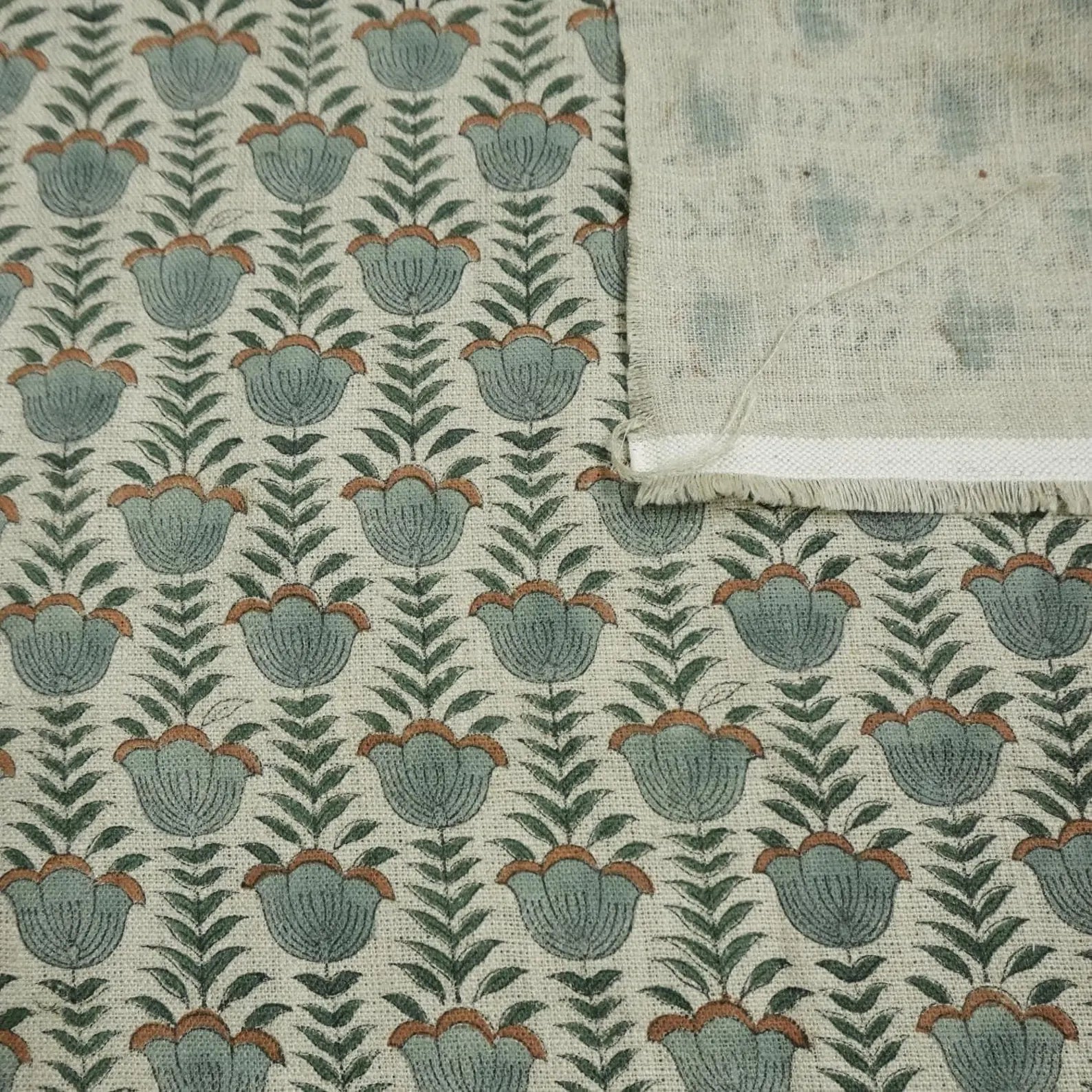 Lotus Block Print Thick Linen Boho Fabric in Gray Floral 
