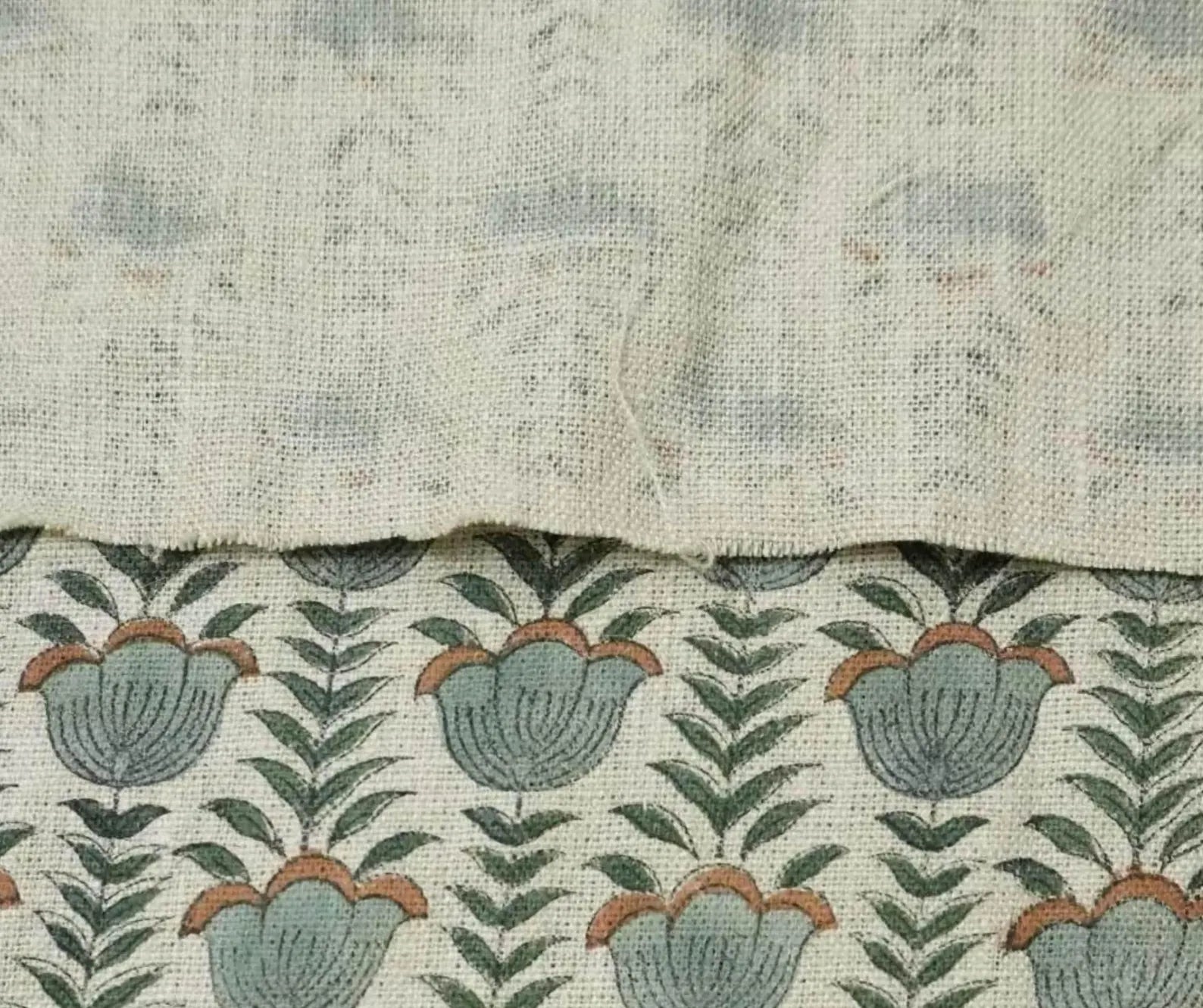 Lotus Block Print Thick Linen Boho Fabric in Gray Floral 