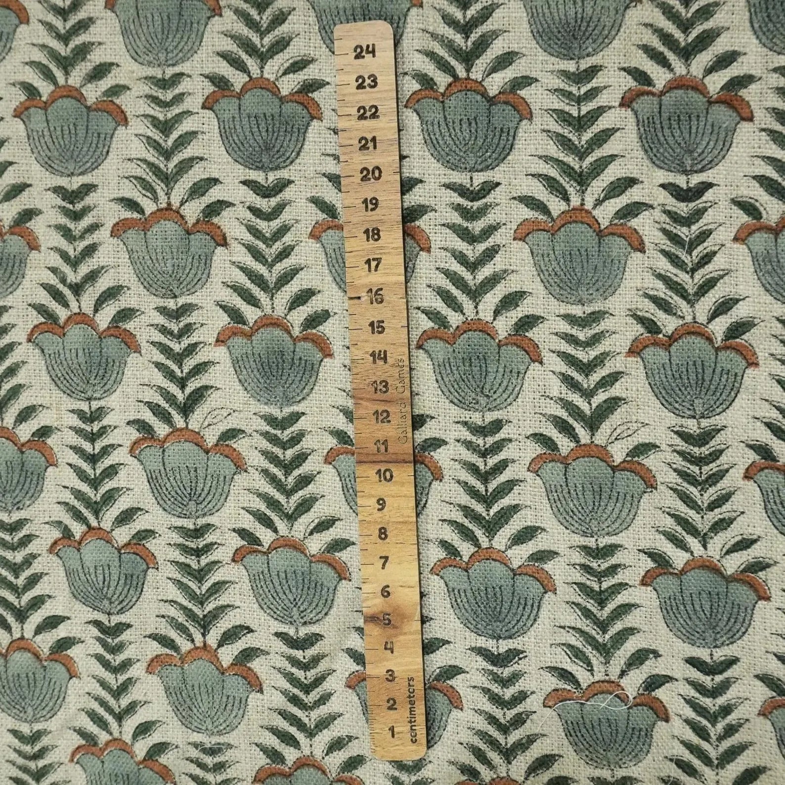 Lotus Block Print Thick Linen Boho Fabric in Gray Floral 