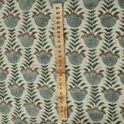 Lotus Block Print Thick Linen Boho Fabric in Gray Floral 