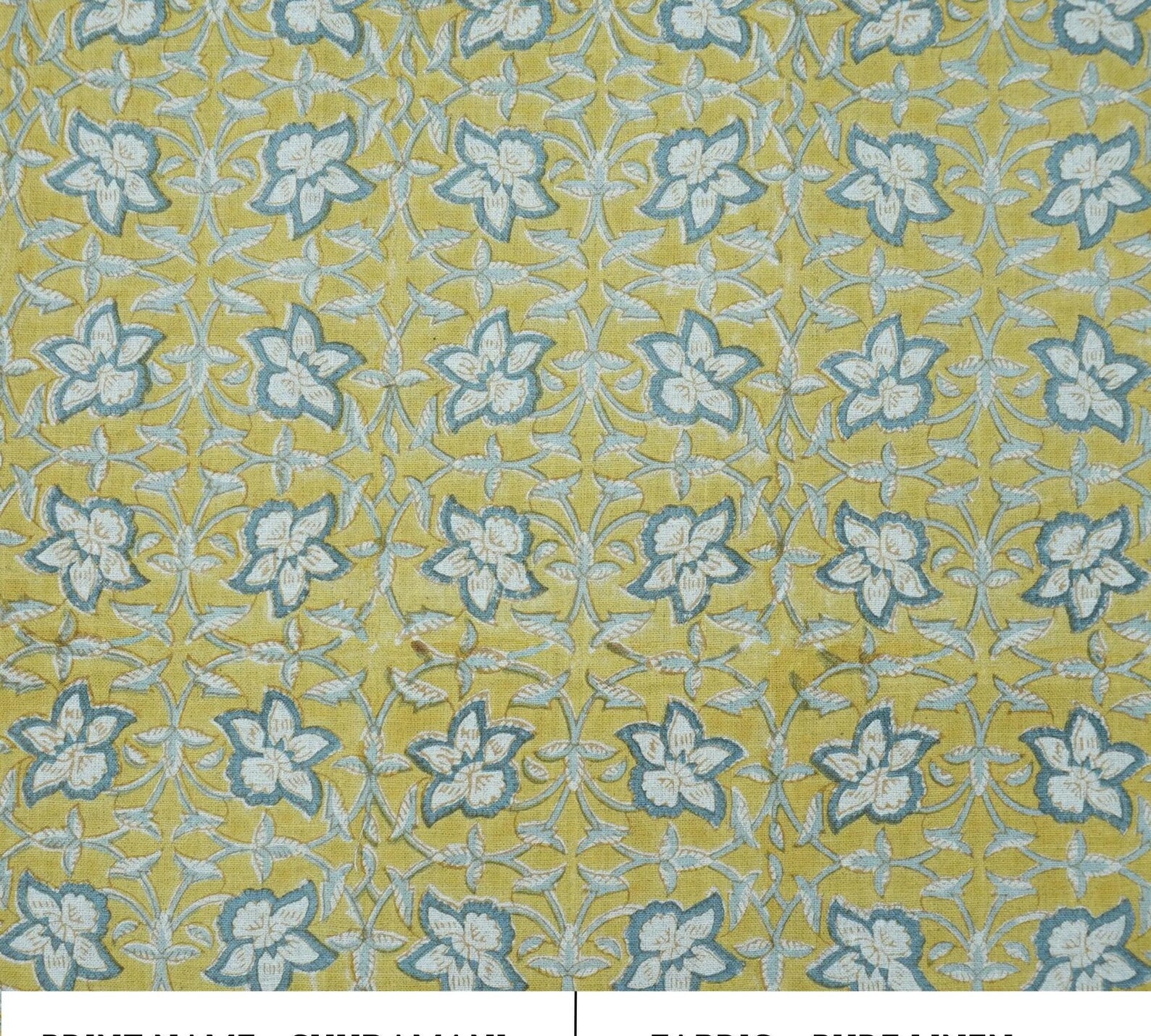 Handmade Printed Blue Floral Linen Upholstery Fabric - Chudamani