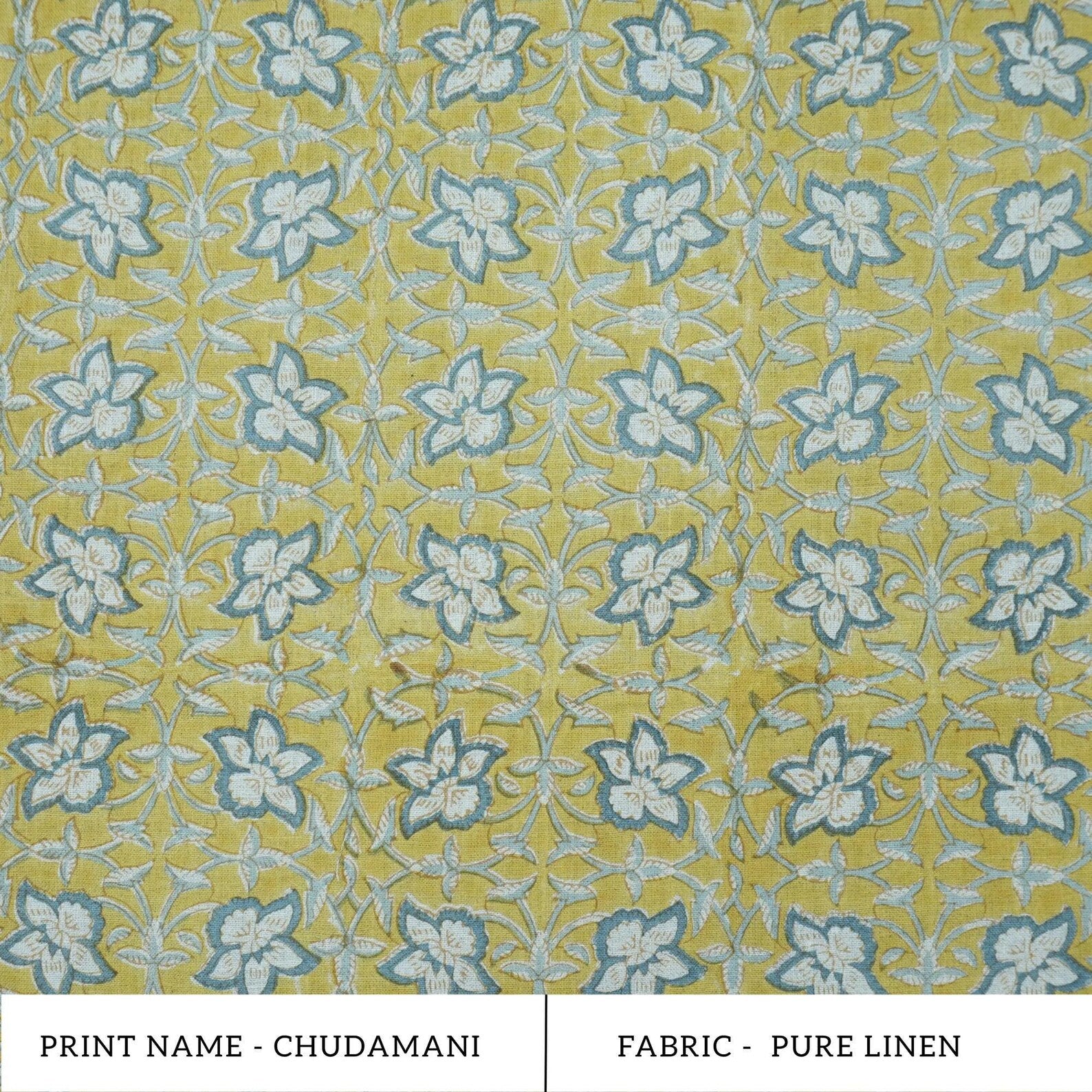 Handmade Printed Blue Floral Linen Upholstery Fabric - Chudamani