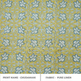 Hand Printed Blue Floral Linen Upholstery Fabric - Chudamani