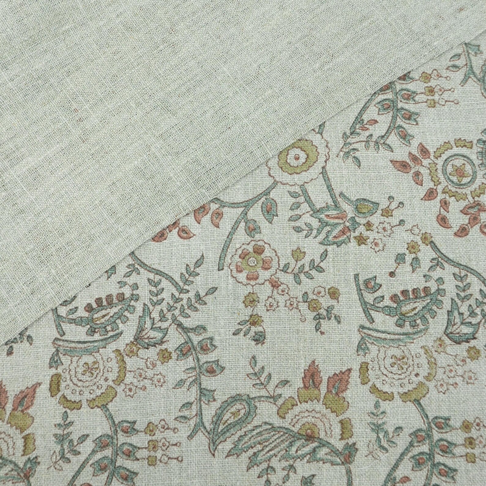 Indian Mustard Floral Block Print Pure Linen Fabric - Arpan