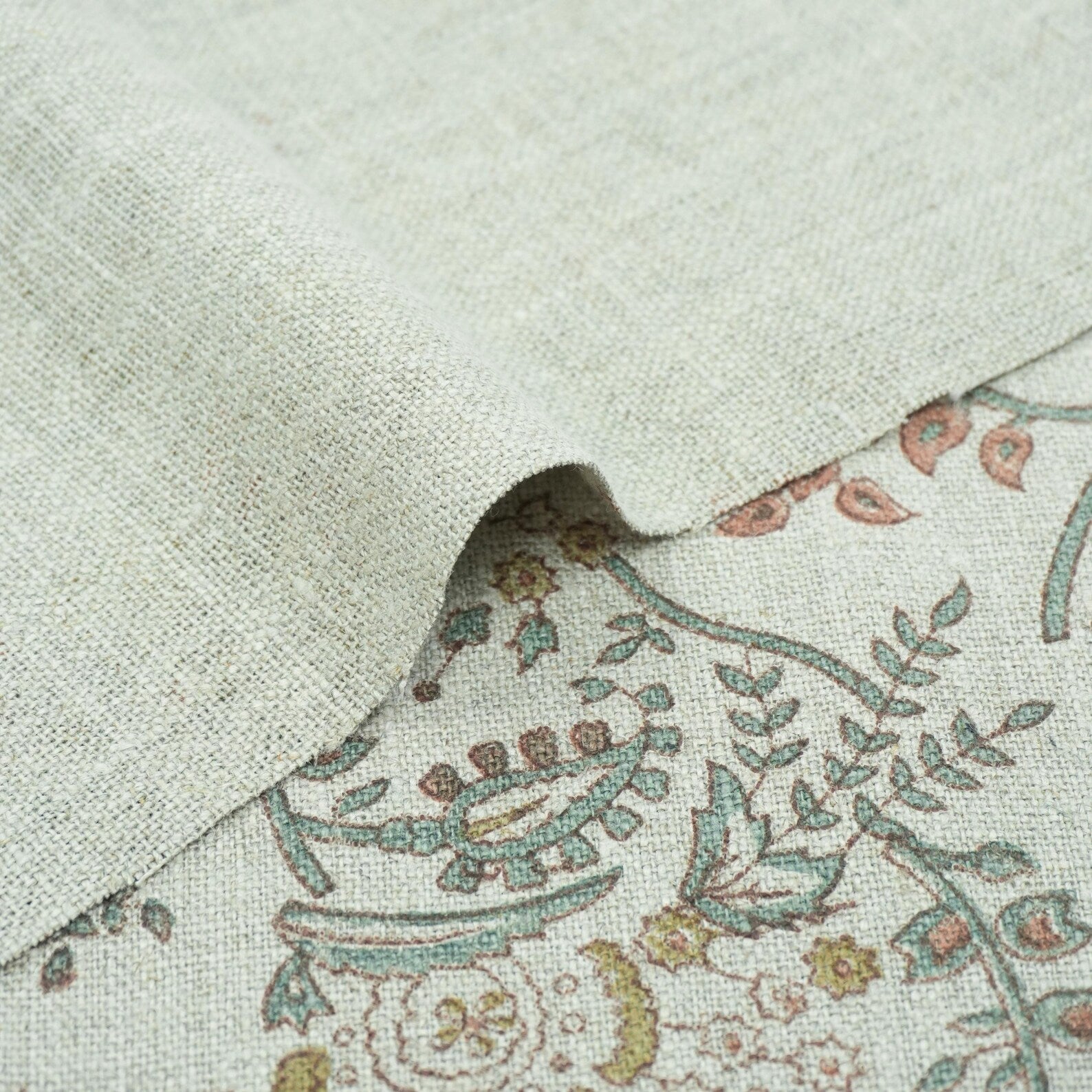 Indian Mustard Floral Block Print Pure Linen Fabric - Arpan