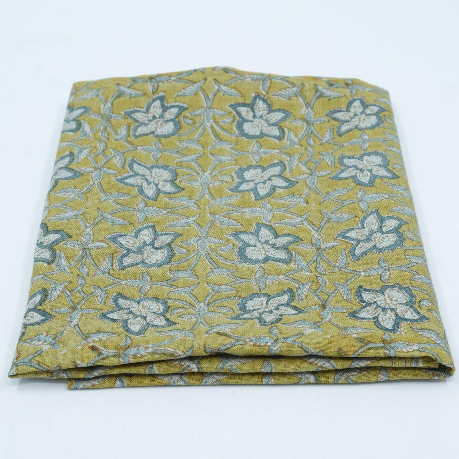Handmade Printed Blue Floral Linen Upholstery Fabric - Chudamani