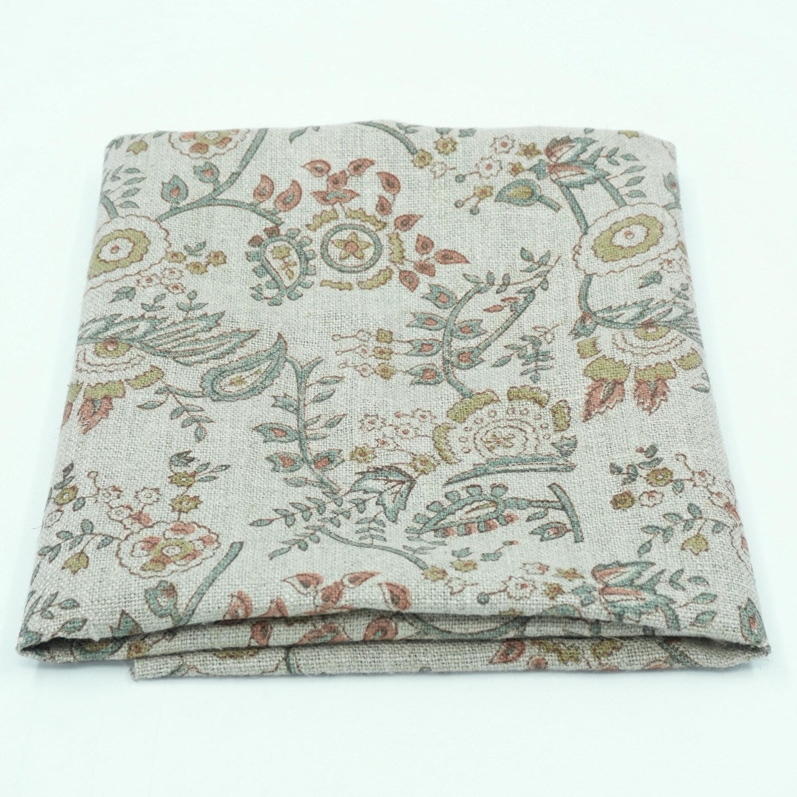 Indian Mustard Floral Block Print Pure Linen Fabric - Arpan