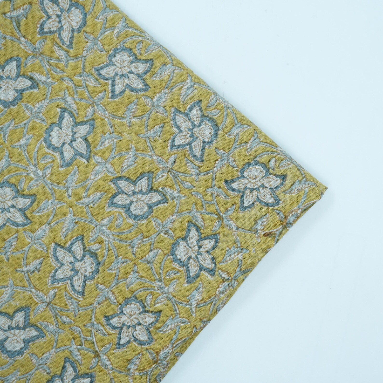 Handmade Printed Blue Floral Linen Upholstery Fabric - Chudamani