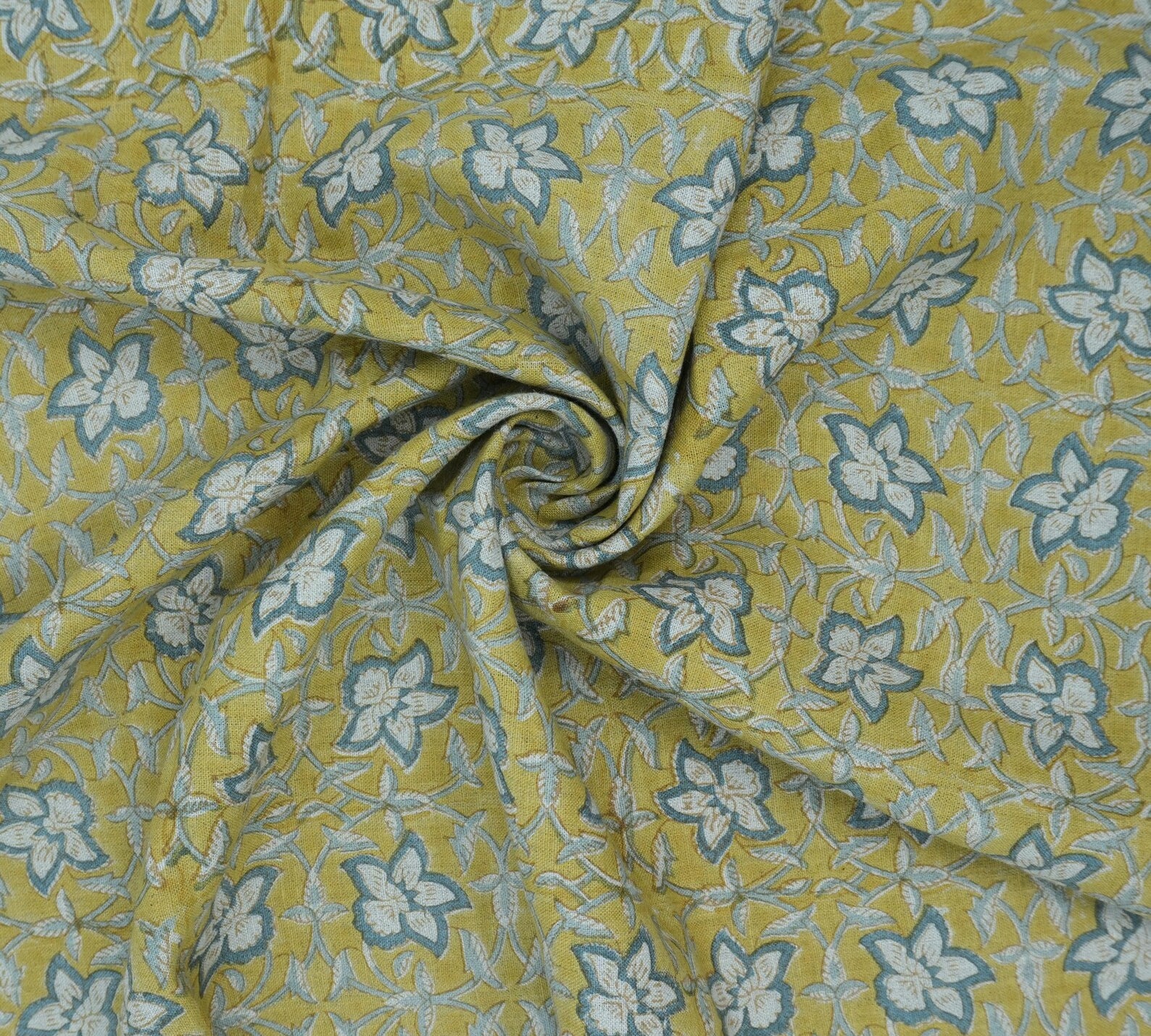 Handmade Printed Blue Floral Linen Upholstery Fabric - Chudamani