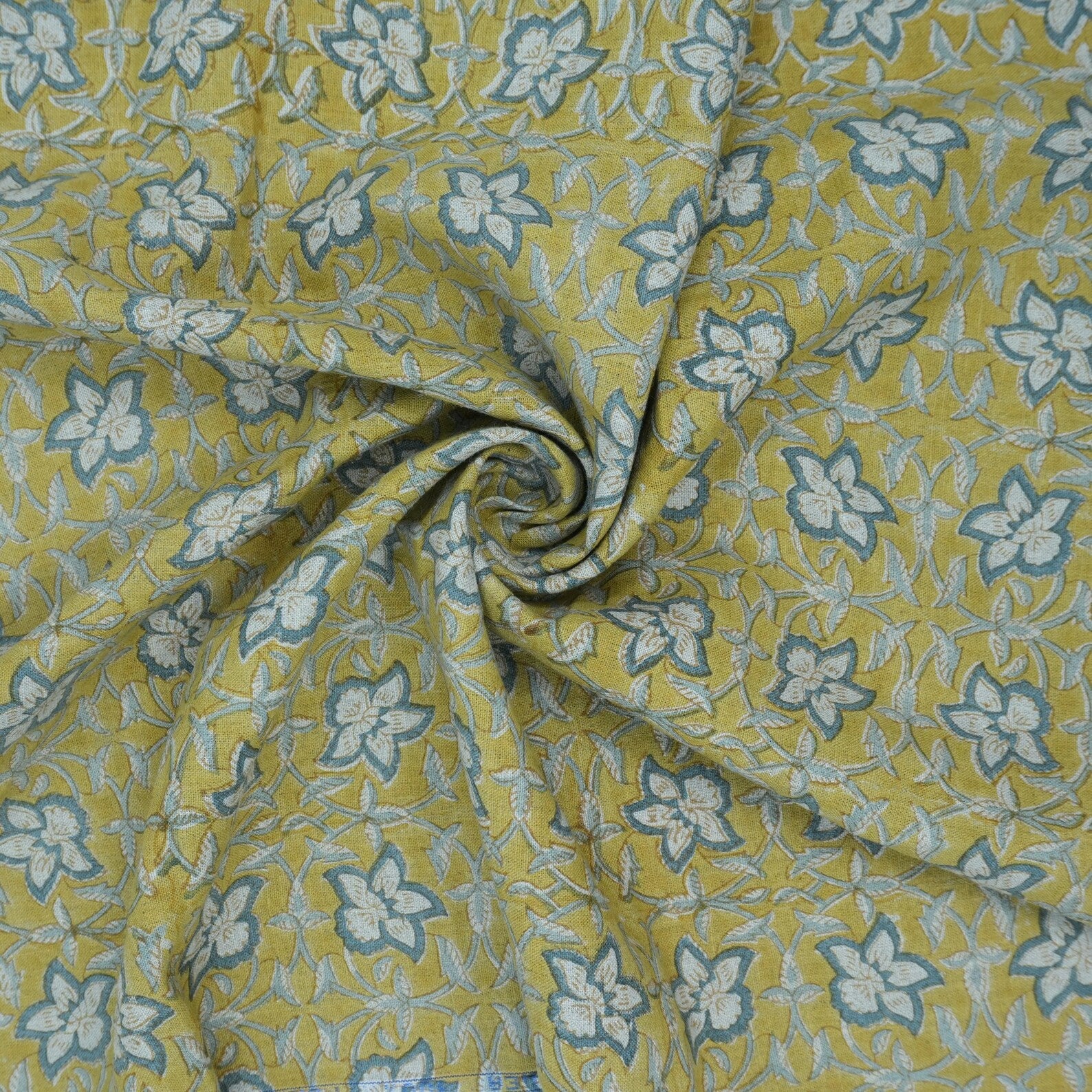Handmade Printed Blue Floral Linen Upholstery Fabric - Chudamani