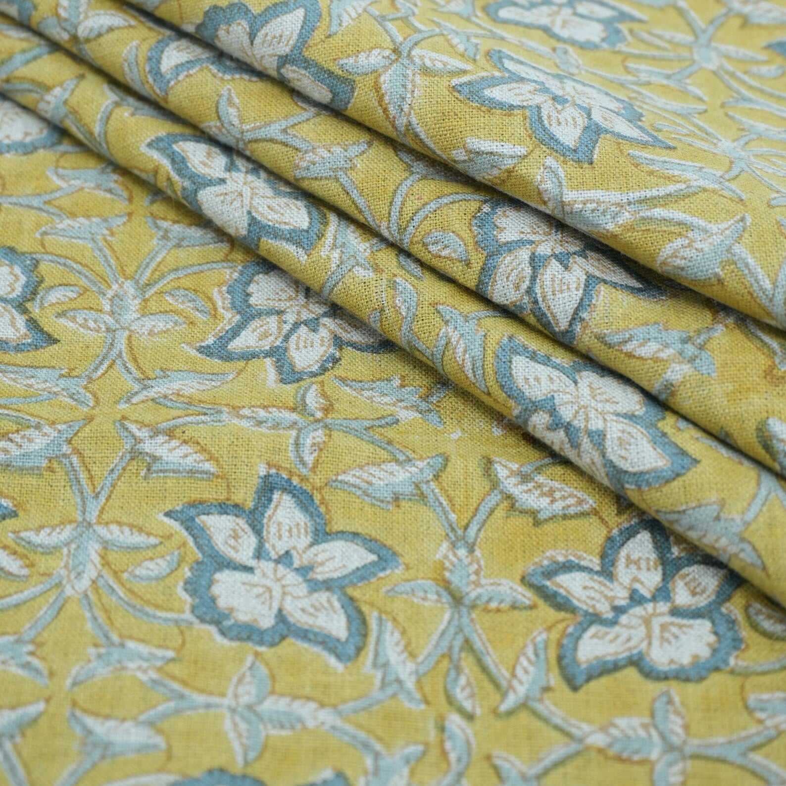 Handmade Printed Blue Floral Linen Upholstery Fabric - Chudamani