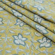Handmade Printed Blue Floral Linen Upholstery Fabric - Chudamani