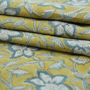 Handmade Printed Blue Floral Linen Upholstery Fabric - Chudamani