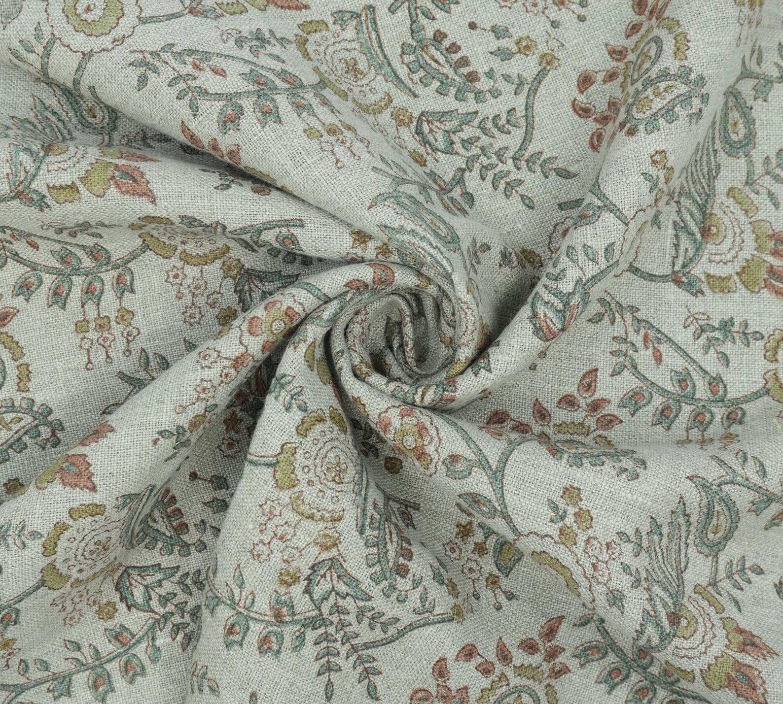 Indian Mustard Floral Block Print Pure Linen Fabric - Arpan
