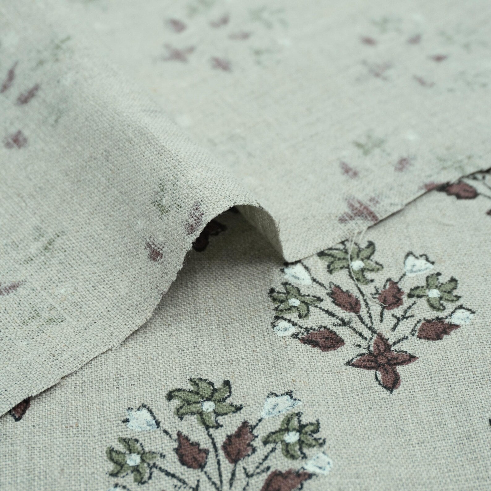 Burgundy Block Print Pure Linen Curtains Fabric - Diwali Flower