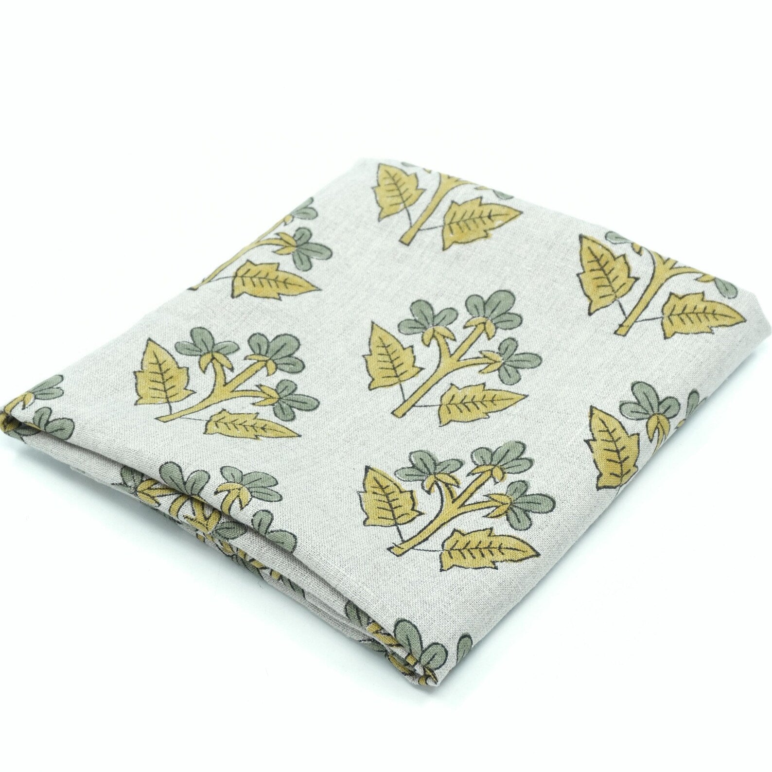 Handmade Mustard Sage Floral Botanical Print Linen Fabric