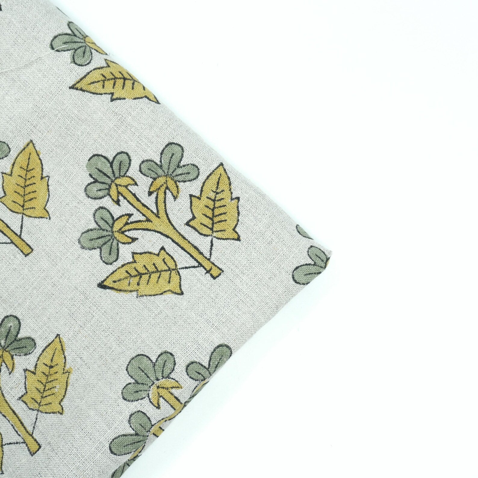 Handmade Mustard Sage Floral Botanical Print Linen Fabric