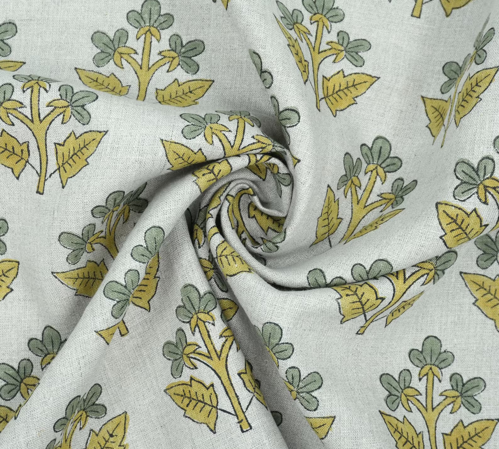 Handmade Mustard Sage Floral Botanical Print Linen Fabric