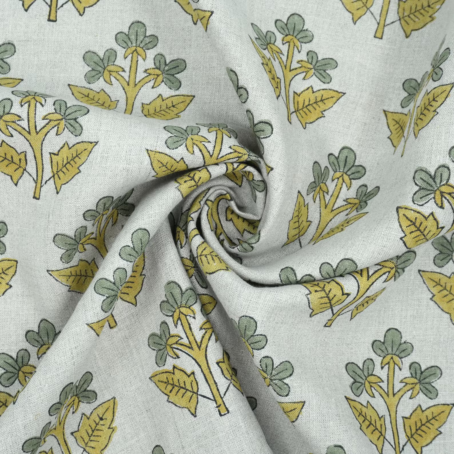 Handmade Mustard Sage Floral Botanical Print Linen Fabric