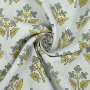 Handmade Mustard Sage Floral Botanical Print Linen Fabric