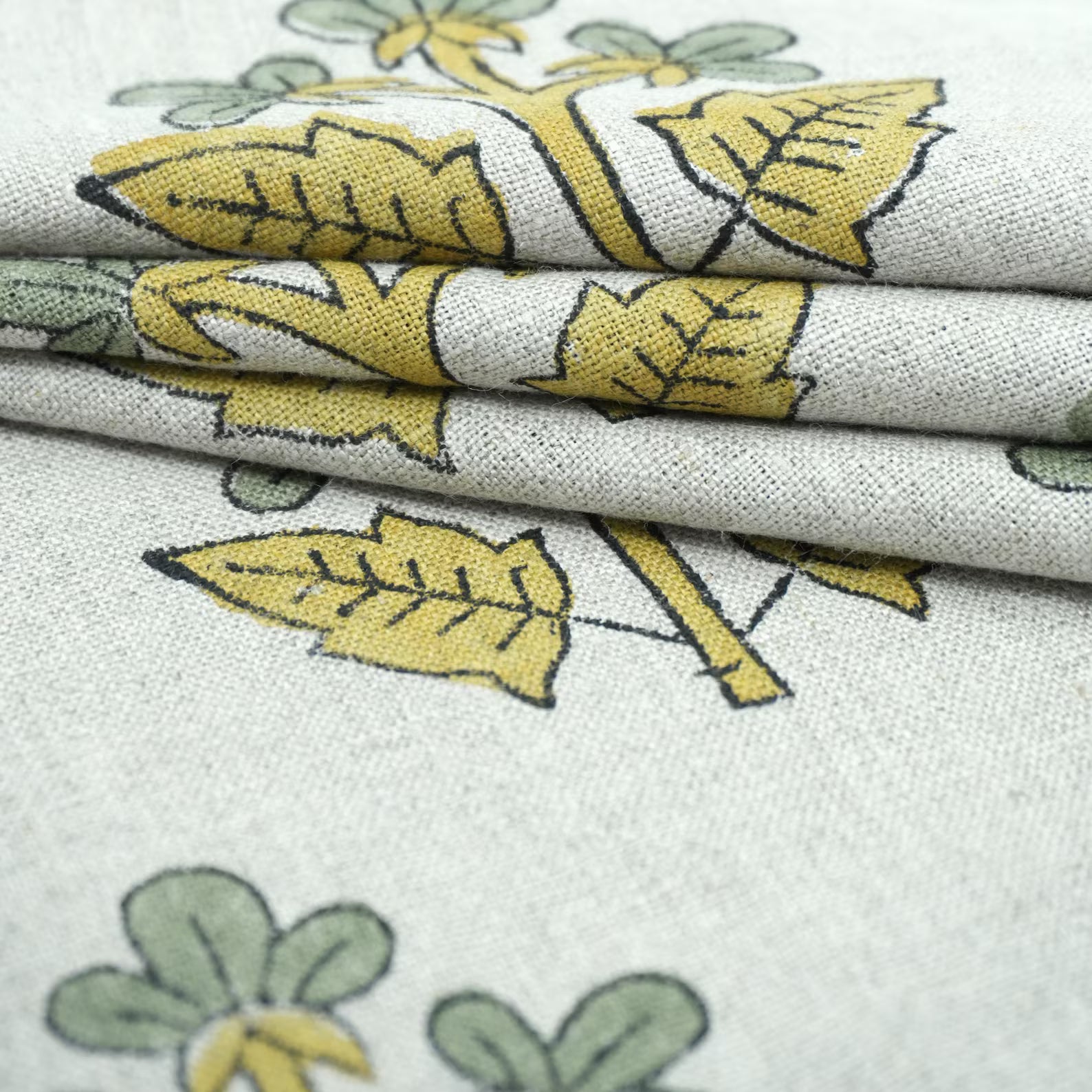 Handmade Mustard Sage Floral Botanical Print Linen Fabric
