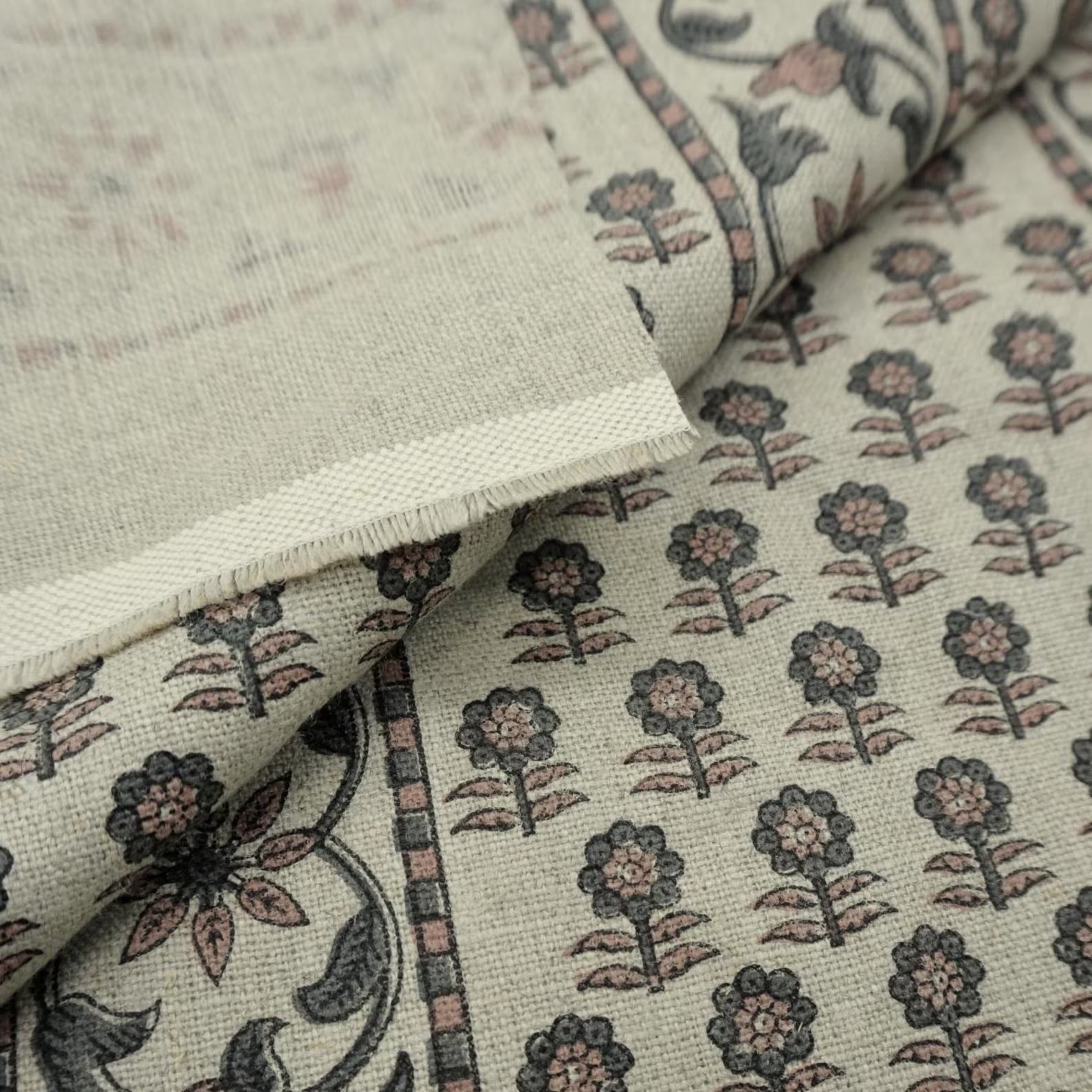 Indian Block Print Gray Floral Thick Linen Fabric - Anamika Border