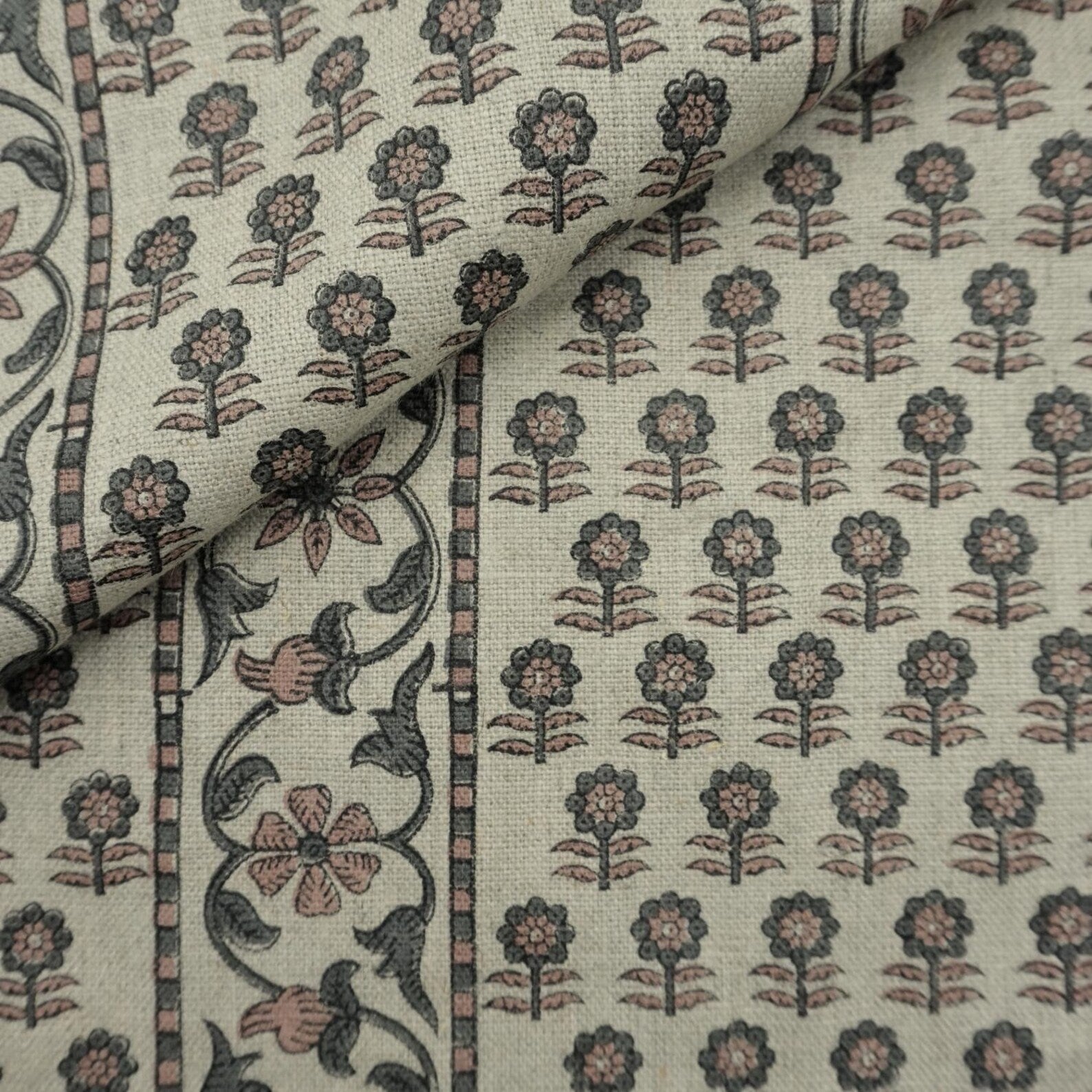 Indian Block Print Gray Floral Thick Linen Fabric - Anamika Border
