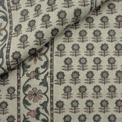 Indian Block Print Gray Floral Thick Linen Fabric - Anamika Border