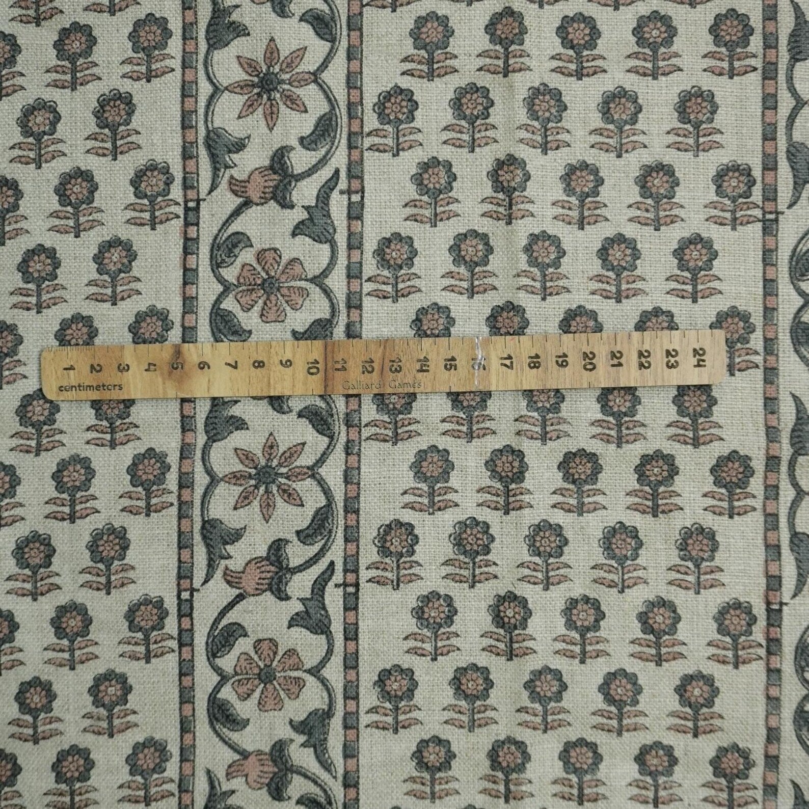 Indian Block Print Gray Floral Thick Linen Fabric - Anamika Border