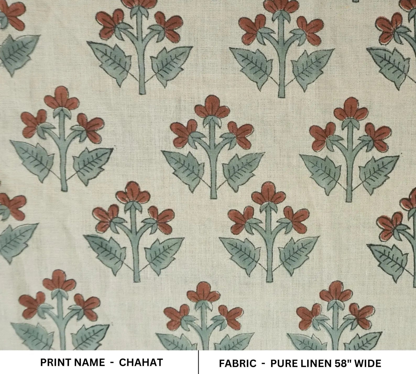 Block Printed Sage Green Botanical Linen Fabric - Chahat