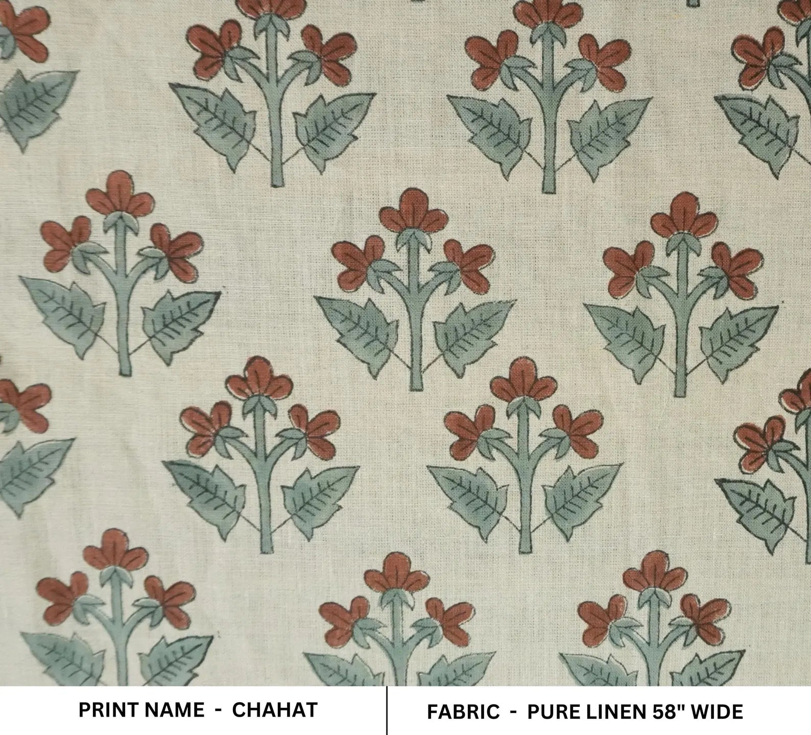 Block Printed Sage Green Botanical Linen Fabric - Chahat