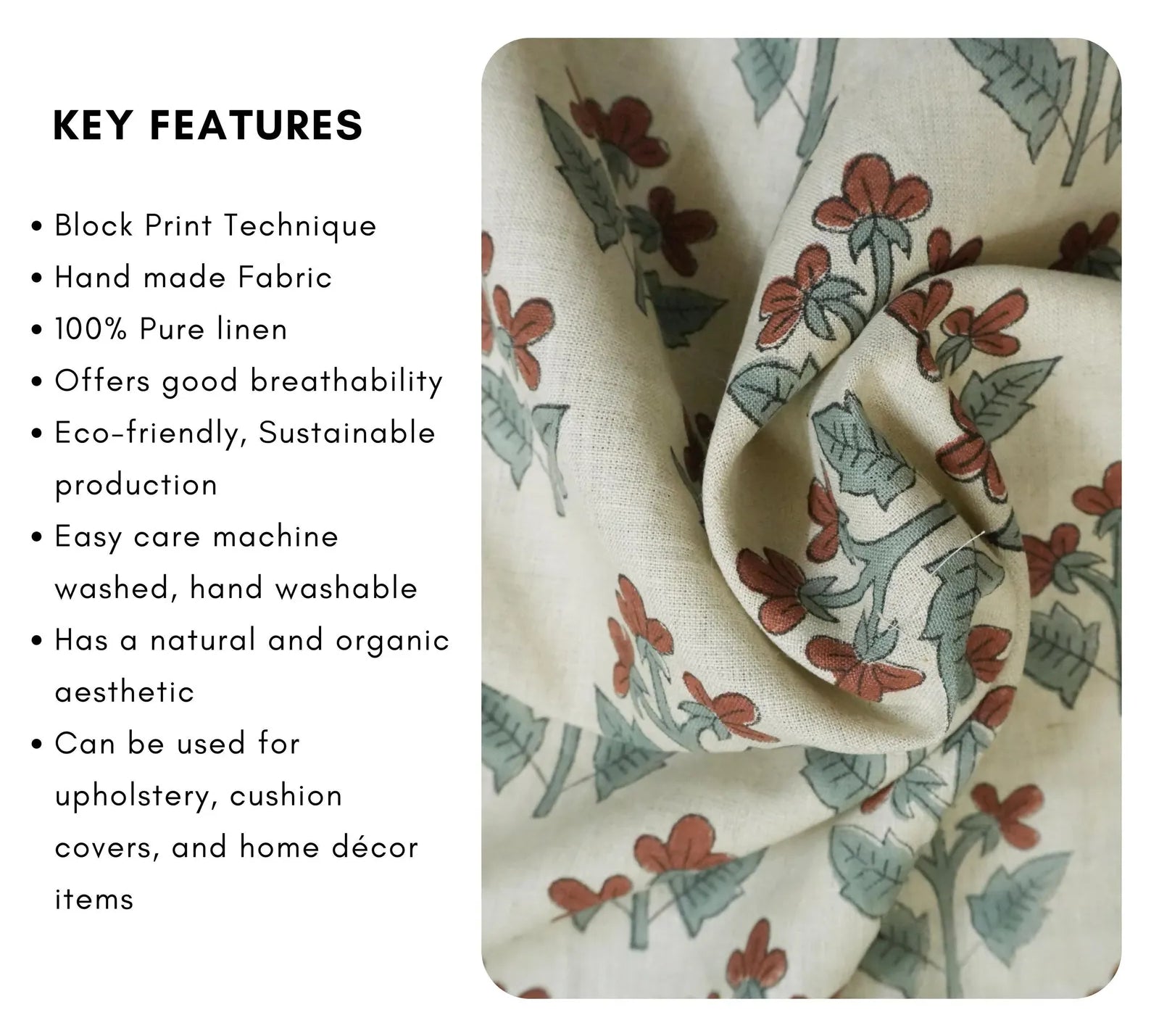 Block Printed Sage Green Botanical Linen Fabric - Chahat
