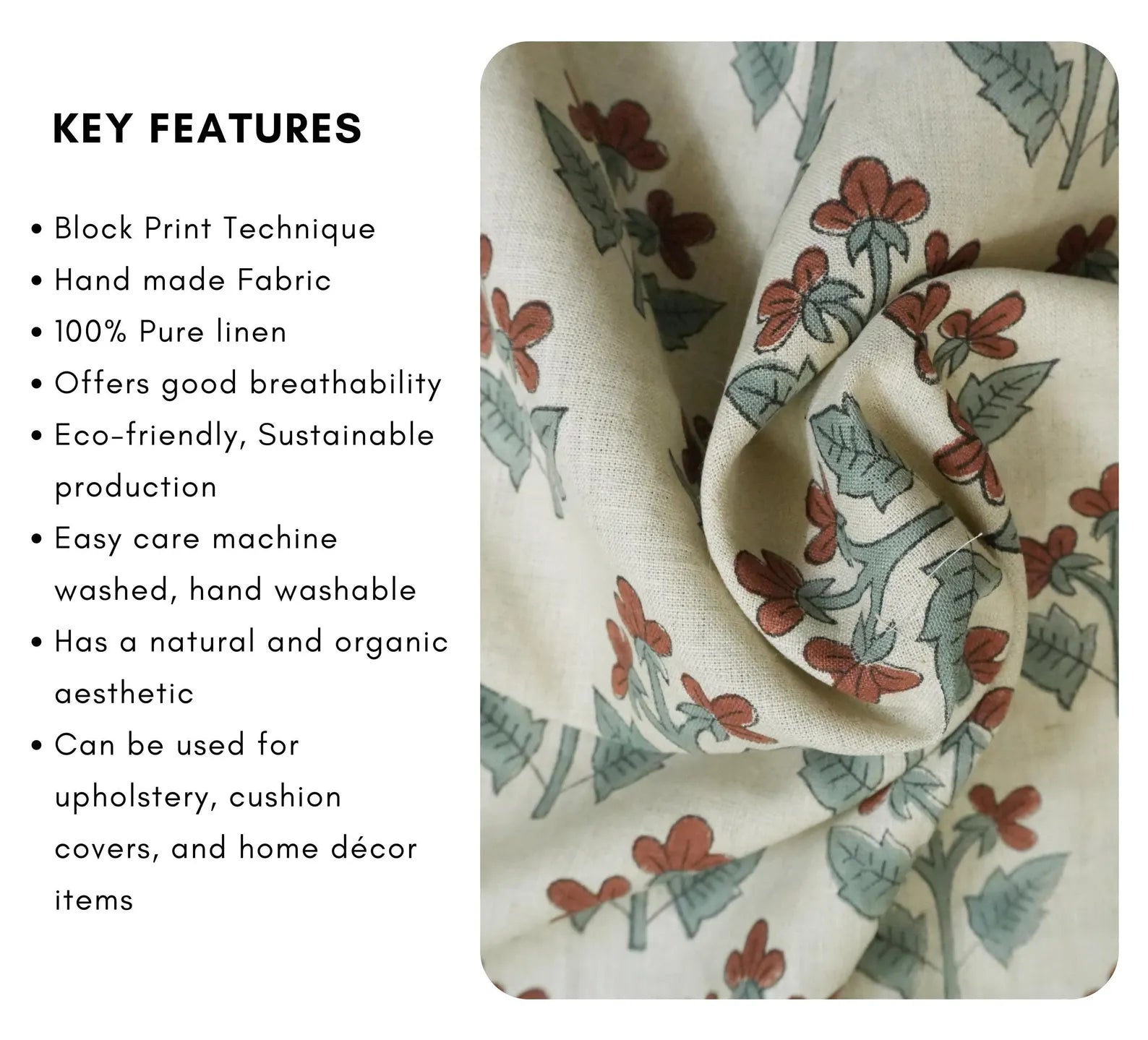 Block Printed Sage Green Botanical Linen Fabric - Chahat