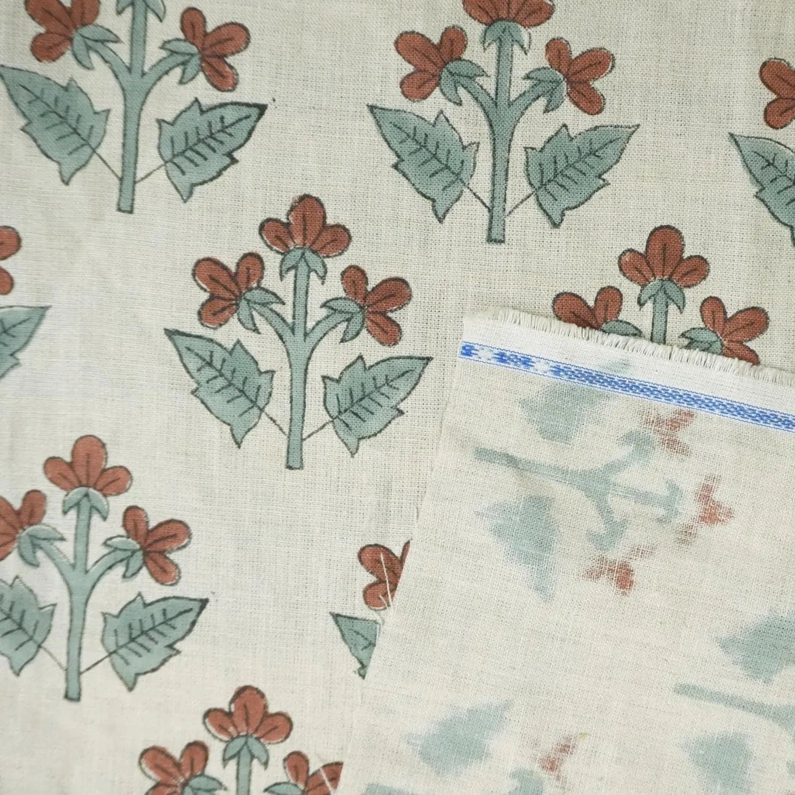 Block Printed Sage Green Botanical Linen Fabric - Chahat