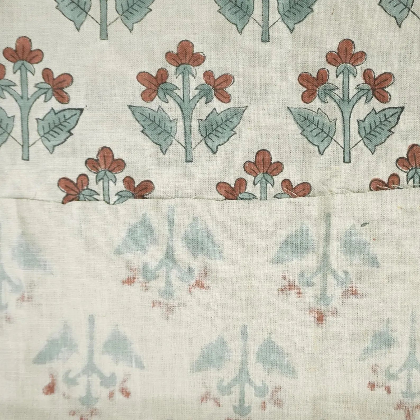 Block Printed Sage Green Botanical Linen Fabric - Chahat