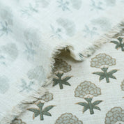 Strawberry Blossom Mint Green Block Print Linen Fabric