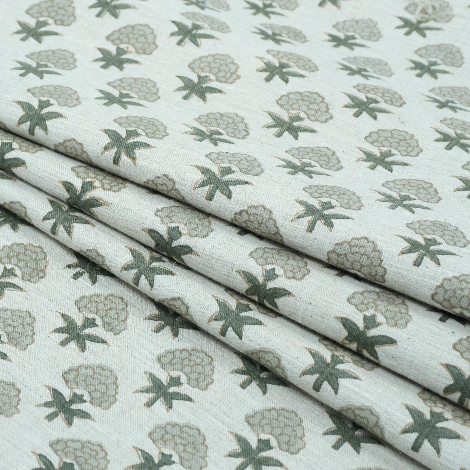 Strawberry Blossom Mint Green Block Print Linen Fabric