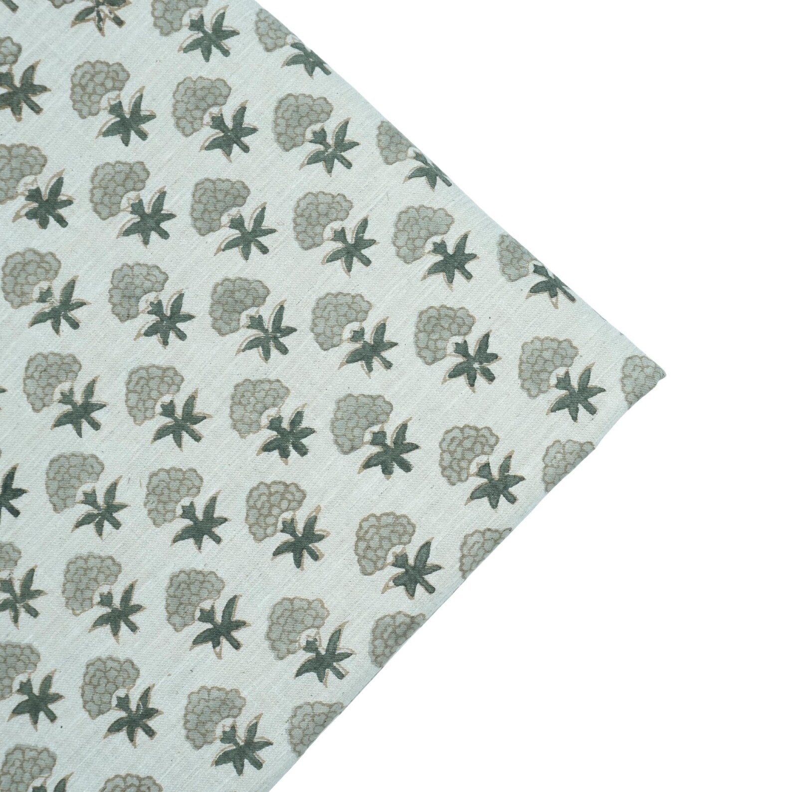 Strawberry Blossom Mint Green Block Print Linen Fabric
