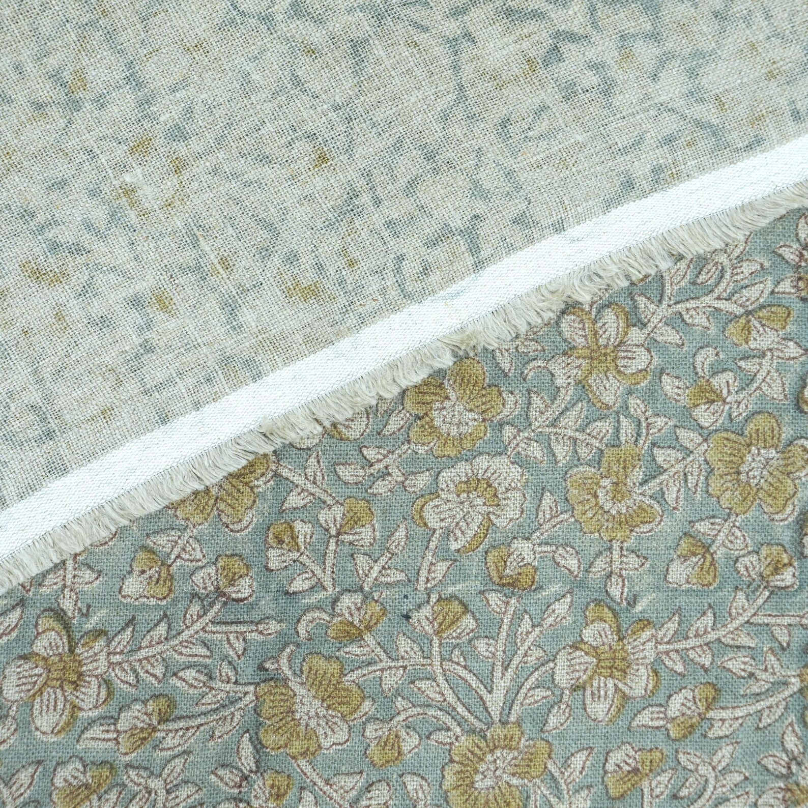 Indian Printed Blue Floral Linen Farmhouse Fabric - Saundarya