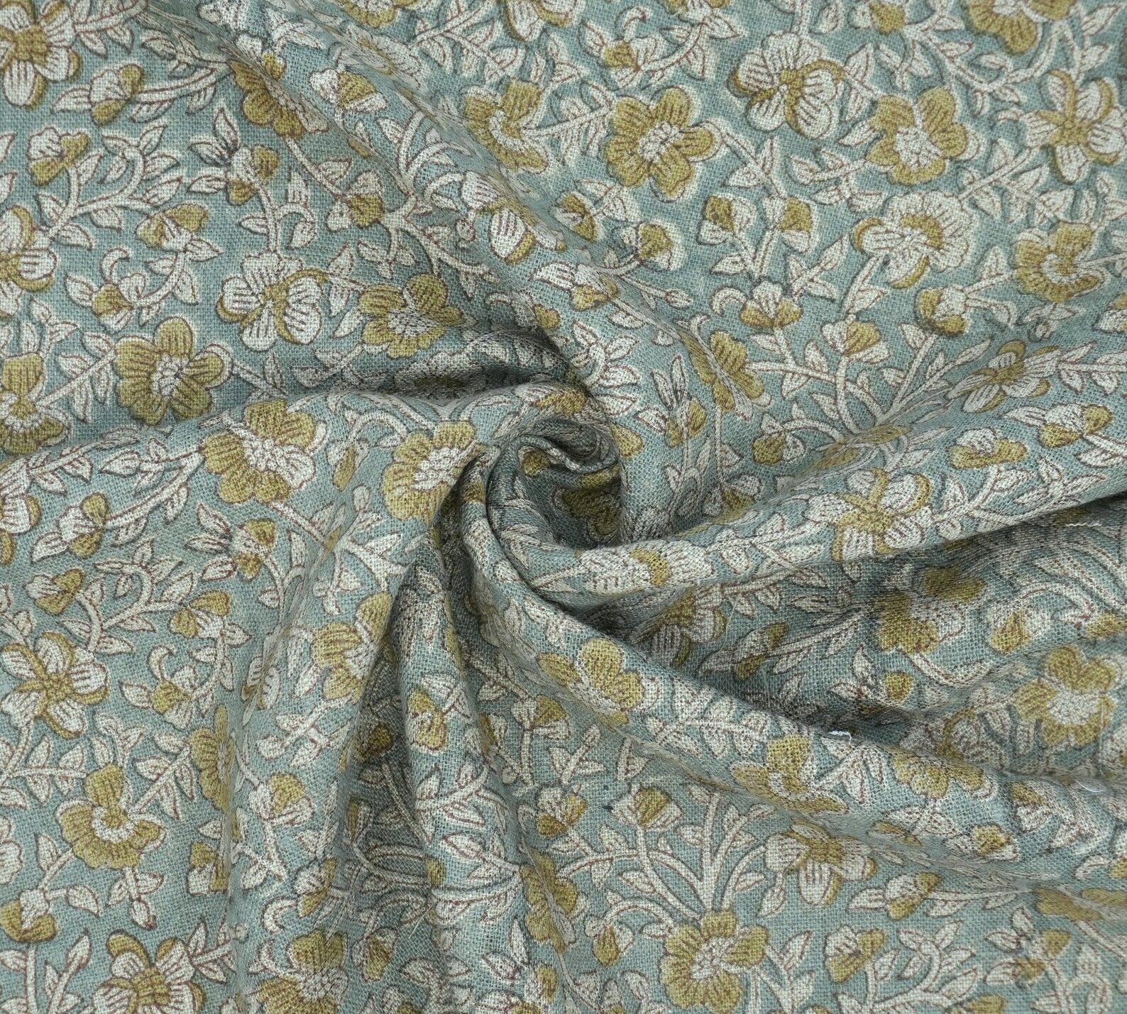 Indian Printed Blue Floral Linen Farmhouse Fabric - Saundarya