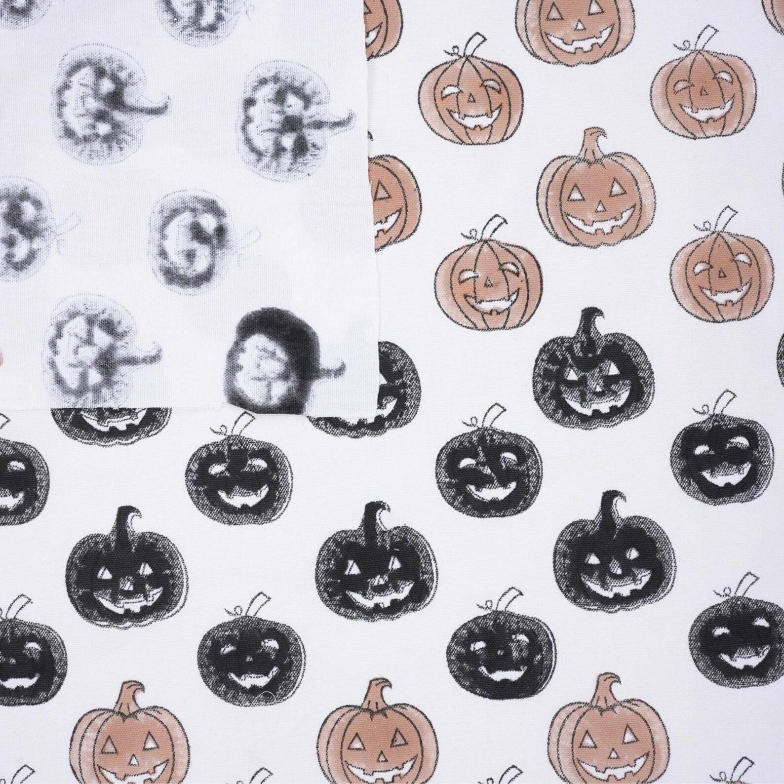 Block Print Thick Cotton White Halloween Pumpkin Fabric