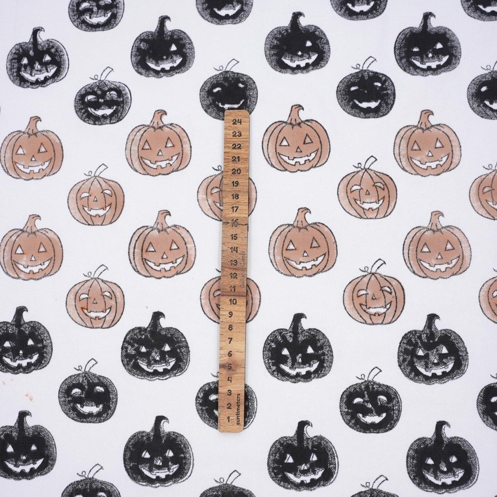 Block Print Thick Cotton White Halloween Pumpkin Fabric