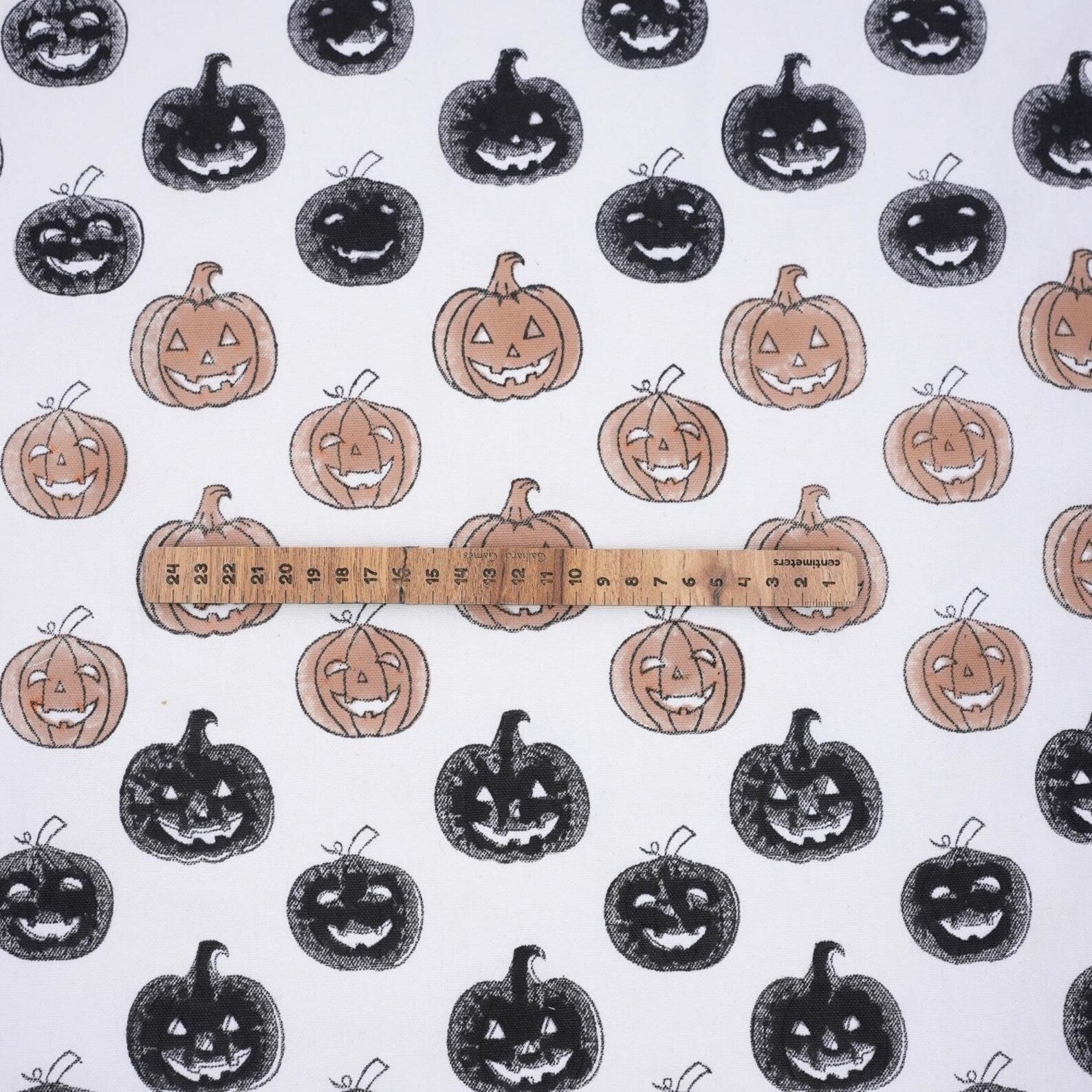 Block Print Thick Cotton White Halloween Pumpkin Fabric