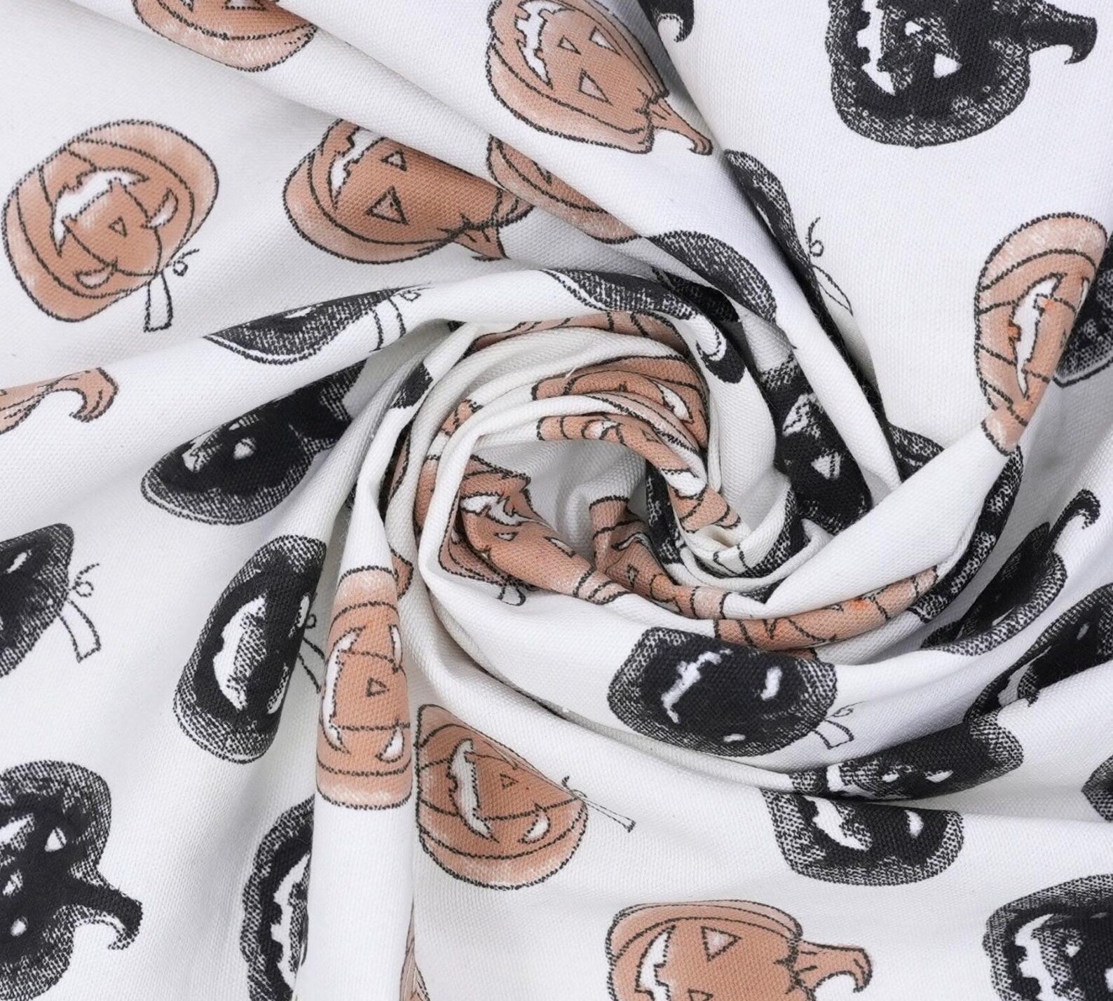 Block Print Thick Cotton White Halloween Pumpkin Fabric